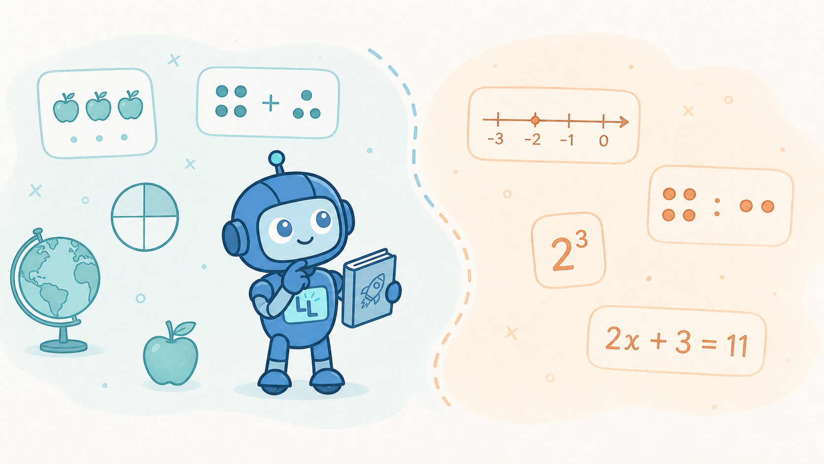 A blue LittleLearner robot stands at the boundary between familiar elementary concepts and later mathematical concepts