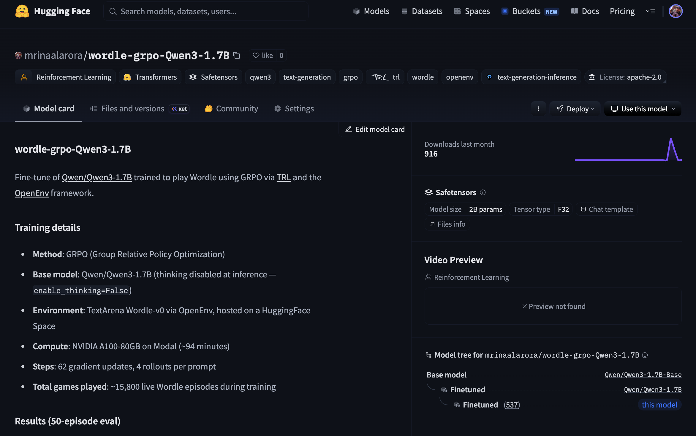 Hugging Face model page for the fully fine tuned wordle-grpo-Qwen3-1.7B weights