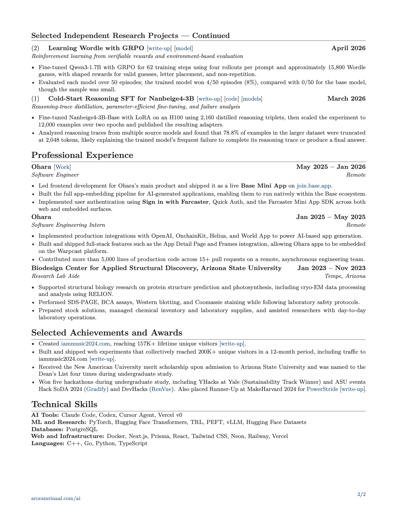 Mrinaal Arora research CV, page 2